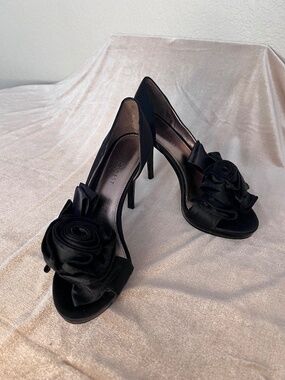 Black satin D'Orsay heel with peep toe